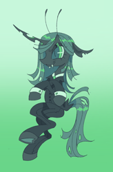 Size: 628x960 | Tagged: safe, artist:webkinzworldz, imported from derpibooru, queen chrysalis, changeling, changeling queen, antennae, clothes, cufflinks, female, green changeling, horn, solo, suit, tail, underhoof