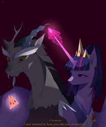 Size: 498x600 | Tagged: safe, artist:clefficia, editor:zcord, imported from derpibooru, discord, twilight sparkle, alicorn, the ending of the end, the last problem, twilight's kingdom, commission, crown, dialogue, horn, instagram, jewelry, medallion, older, older twilight, princess twilight 2.0, regalia, simple background, spread wings, story included, subtitles, teary eyes, twilight sparkle (alicorn), wings