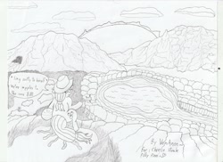 Size: 1752x1276 | Tagged: safe, artist:venanon, applejack, earth pony, pony, guitar, lake, monochrome, musical instrument, pencil drawing, scenery, signature, singing, solo, speech bubble, sunset, traditional art, tree stump
