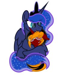 Size: 2600x3000 | Tagged: safe, artist:ponkus, imported from derpibooru, princess luna, oc, oc:red flame, alicorn, bat pony, pony, unicorn, bat pony oc, bat wings, canon x oc, duo, eye clipping through hair, glasses, high res, horn, hug, hugging a pony, looking down, simple background, sitting, smiling, tooth, transparent background, unicorn oc, wings
