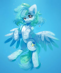 Size: 820x975 | Tagged: safe, artist:pledus, imported from derpibooru, oc, oc only, oc:siriusnavigator, pegasus, pony, blue background, bubble, clothes, commission, crepuscular rays, cute, digital art, feather, female, flowing mane, flowing tail, green mane, looking at you, mare, ocean, open mouth, simple background, solo, spread wings, sunlight, swimming, swimsuit, tail, underwater, unshorn fetlocks, water, wingding eyes, wings, ych result, yellow eyes