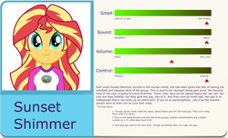 Size: 3000x1825 | Tagged: safe, edit, imported from derpibooru, sunset shimmer, human, equestria girls, camp everfree outfits, eqg profiles, fart profiles, implied farting, looking at you, solo, statistics