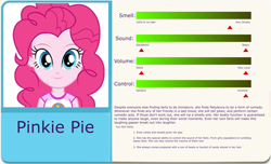 Size: 3000x1825 | Tagged: safe, edit, imported from derpibooru, pinkie pie, human, equestria girls, camp everfree outfits, eqg profiles, fart profiles, implied farting, looking at you, solo, statistics
