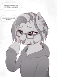 Size: 1748x2338 | Tagged: safe, artist:evomanaphy, imported from derpibooru, oc, oc only, oc:nishati, zebra, bully, bullying, clothes, dialogue, glasses, hoodie, offscreen character, solo, speech bubble