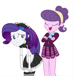 Size: 1038x1082 | Tagged: safe, artist:swiftgaiathebrony, imported from derpibooru, rarity, suri polomare, human, equestria girls, blackmail, clothes, crystal prep academy uniform, duo, duo female, female, maid, maidity, open mouth, school uniform, simple background, socks, thigh highs, white background