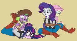 Size: 1280x692 | Tagged: safe, artist:bugssonicx, imported from derpibooru, fluttershy, rarity, sci-twi, spike, spike the regular dog, twilight sparkle, dog, human, equestria girls, back to back, bondage, boots, bound together, cowboy boots, hogtied, rope, rope bondage, shoes, simple background, smiling, tied up