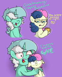 Size: 3234x4064 | Tagged: safe, artist:background basset, imported from derpibooru, bon bon, lyra heartstrings, sweetie drops, earth pony, pony, unicorn, bags under eyes, bloodshot eyes, bust, coffee mug, dialogue, duo, duo female, female, floppy ears, hand, mug, open mouth, shocked, shocked expression, simple background, suddenly hands, text, tired, tired eyes, wat