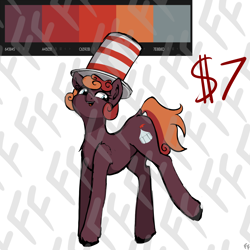 Size: 3000x3000 | Tagged: safe, artist:ponykittenboi, imported from derpibooru, oc, oc only, oc:small top, earth pony, pony, adoptable, color palette, color palette challenge, female, hat, lifted leg, limited palette, mare, signature, simple background, solo, top hat, watermark, white background