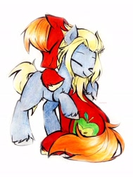 Size: 1551x2048 | Tagged: safe, artist:liaaqila, imported from derpibooru, big macintosh, oc, earth pony, pony, ambiguous gender, cute, duo, earth pony oc, hug, male, simple background, stallion, unshorn fetlocks, white background