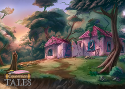 Size: 2100x1500 | Tagged: safe, artist:harmonize entertainment, imported from derpibooru, equestrian tales, forest, g1, house, no pony, paradise estate, promotional art, ruins, tree