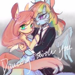 Size: 1600x1600 | Tagged: safe, artist:catcity__, imported from derpibooru, fluttershy, rainbow dash, pegasus, semi-anthro, clothes, colored sketch, dress, duo, female, flutterdash, lesbian, necktie, shipping, sketch, suit