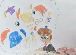 Size: 3966x2887 | Tagged: safe, artist:opti, imported from derpibooru, sunburst, oc, oc:fair use, unicorn, atg 2022, diploma, drawing, graduation cap, hat, male, modular, newbie artist training grounds, paper, stallion, traditional art