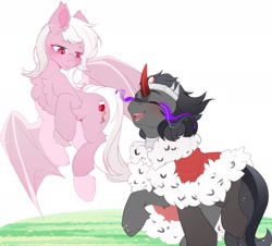 Size: 1952x1767 | Tagged: artist needed, safe, imported from derpibooru, king sombra, oc, oc:coloured glaze rose, bat pony, pony, unicorn, canon x oc, duo, duo male, flying, gay, laughing, male, shipping, simple background, sombrose, stallion, white background