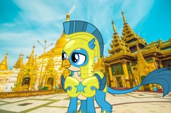 Size: 1200x798 | Tagged: safe, artist:cloudy glow, edit, imported from derpibooru, gallus, pony, the last problem, griffons in real life, guard, irl, myanmar, pagoda, photo, ponies in real life, royal guard, royal guard gallus, yangon