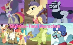 Size: 2048x1266 | Tagged: safe, edit, edited screencap, imported from derpibooru, screencap, aunt holiday, auntie lofty, babs seed, fire flare, mane allgood, nightjar, snap shutter, snips' dad, street rat, twist, dragon, earth pony, pony, unicorn, father knows beast, filli vanilli, the gift of the maud pie, the last crusade, the summer sun setback, clothes, facial hair, female, g4, helmet, leotard, male, mare, sludge (g4), stallion