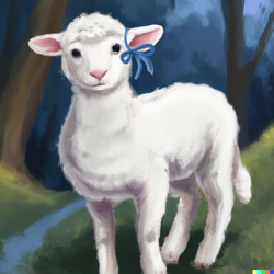 Size: 1024x1024 | Tagged: source needed, useless source url, safe, imported from derpibooru, oc, oc:prey, lamb, sheep, fanfic:prey and a lamb, ai content, ai generated, cute, fanfic art, floppy ears, generator:dall-e 2, looking at you, non-pony oc, ribbon, solo