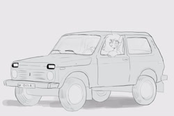 Size: 3093x2056 | Tagged: safe, artist:kotletova97, imported from derpibooru, oc, oc only, unnamed oc, earth pony, pony, car, earth pony oc, female, grin, high res, lada, lada niva, license plate, mare, monochrome, shadow, simple background, smiling, solo, suv, vehicle, white background