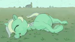 Size: 2732x1538 | Tagged: safe, artist:mandumustbasukanemen, imported from derpibooru, lyra heartstrings, pony, unicorn, belly, cute, eyes closed, female, grass, grazing, happy, herbivore, horses doing horse things, lying down, lyrabetes, mare, outdoors, solo