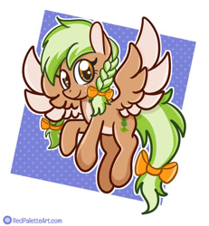 Size: 860x929 | Tagged: safe, artist:redpalette, imported from derpibooru, oc, oc only, oc:sylvia evergreen, pegasus, pony, bow, braid, cute, female, flying, hair bow, mare, pegasus oc, solo, spread wings, tail, tail bow, wings