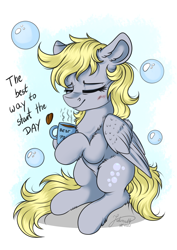 Size: 2894x4093 | Tagged: safe, artist:julunis14, imported from derpibooru, derpy hooves, pegasus, pony, best pony, bubble, coffee, coffee mug, eyes closed, hoof hold, mug, sitting, solo