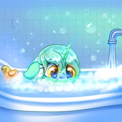 Size: 4000x4000 | Tagged: safe, artist:confetticakez, imported from derpibooru, lyra heartstrings, pony, unicorn, bath, bathtub, bubble, bubble bath, cute, female, floppy ears, lyrabetes, mare, rubber duck, soap bubble, solo, tap, underwater, water