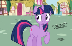 Size: 4356x2826 | Tagged: safe, artist:gypsykumquat, imported from derpibooru, twilight sparkle, pony, unicorn, comic:meet clovette, dialogue, embarrassed, ponyville, show accurate, smiling, talking to viewer, teenager, unicorn twilight, vector