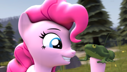 Size: 3840x2160 | Tagged: safe, artist:botxs, imported from derpibooru, pinkie pie, earth pony, frog, pony, 3d, source filmmaker