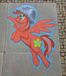 Size: 3612x4180 | Tagged: safe, alternate version, artist:malte279, imported from derpibooru, oc, oc only, oc:leafhelm, pegasus, pony, chalk, chalk drawing, clothes, galacon, galacon 2022, helmet, solo, traditional art, wings