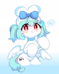 Size: 1624x2048 | Tagged: safe, artist:bubbletea, imported from derpibooru, oc, oc only, oc:uki, pegasus, pony, bow, cute, female, hair bow, heart, heart eyes, looking at you, simple background, solo, waist wings, wingding eyes, wings