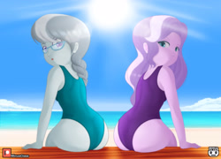 Size: 4960x3571 | Tagged: safe, artist:minusclass, imported from derpibooru, diamond tiara, silver spoon, human, equestria girls, absurd resolution, ass, beach, butt, clothes, diamond buttiara, duo, duo female, female, looking at you, looking back, looking back at you, one-piece swimsuit, silverbutt, sitting, sun, swimsuit