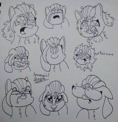 Size: 2608x2692 | Tagged: safe, artist:spoopygirl, imported from derpibooru, sunny starscout, earth pony, pony, :p, bed mane, bloodshot eyes, bust, crying, expressions, eye bulging, g5, insanity, lineart, monochrome, pencil drawing, sunny starscout is not amused, tongue out, traditional art, unamused