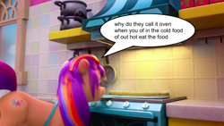 Size: 1920x1080 | Tagged: safe, edit, edited screencap, imported from derpibooru, screencap, sunny starscout, earth pony, pony, spoiler:my little pony: make your mark, cropped, engrish, female, food, g5, kitchen, mane stripe sunny, mare, mouth hold, multicolored mane, my little pony: make your mark, my little pony: make your mark chapter 1, oven, pizza, solo, speech bubble, why do they call it oven