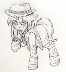 Size: 640x694 | Tagged: artist needed, safe, imported from derpibooru, oc, oc only, oc:bertha icey windsor, pony, unicorn, adventurer, female, hat, pencil drawing, solo, traditional art