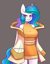 Size: 1201x1529 | Tagged: safe, artist:handgunboi, imported from derpibooru, princess celestia, alicorn, anthro, bare shoulders, breasts, brown background, busty princess celestia, female, simple background, solo