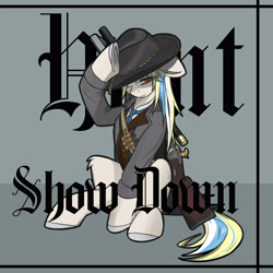 Size: 4000x4000 | Tagged: artist needed, safe, imported from derpibooru, oc, oc:bertha icey windsor, pony, unicorn, blackletter, bounty hunter, clothes, cowboy hat, female, gray background, gun, hat, huntress, jacket, necktie, overcoat, red eyes, rifle, scope, simple background, sitting, solo, weapon