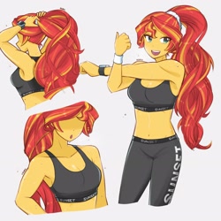 Size: 2894x2894 | Tagged: safe, artist:deeemperor, imported from derpibooru, sunset shimmer, human, equestria girls, alternate hairstyle, bare shoulders, belly button, breasts, clothes, female, gym uniform, open mouth, ponytail, reasonably sized breasts, sleeveless, smartwatch, sports bra, sweat, sweatdrops, watch, workout