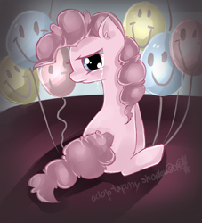 Size: 1000x1100 | Tagged: safe, artist:aquagalaxy, imported from derpibooru, pinkie pie, earth pony, pony, balloon, crying, discorded, discorded pinkie pie, looking back, sitting, solo