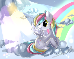 Size: 1500x1200 | Tagged: safe, artist:aquagalaxy, imported from derpibooru, oc, oc only, pegasus, pony, cloud, on a cloud, rainbow, solo