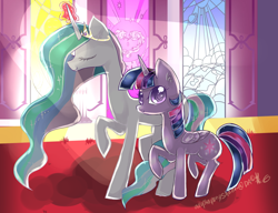 Size: 1300x1000 | Tagged: safe, artist:aquagalaxy, artist:tamalesyatole, imported from derpibooru, princess celestia, twilight sparkle, alicorn, pony, duo, female, mare, stained glass, throne room, twilight sparkle (alicorn)