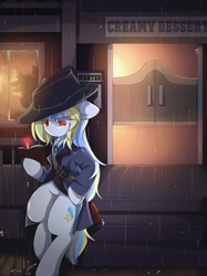 Size: 2048x2732 | Tagged: artist needed, safe, imported from derpibooru, oc, oc:bertha icey windsor, pony, unicorn, bar, bipedal, bipedal leaning, book, bounty hunter, female, floppy ears, gun, hat, leaning, long hair, mare, overcoat, rain, standing, weapon