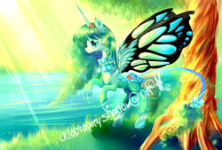 Size: 3700x2500 | Tagged: safe, artist:aquagalaxy, imported from derpibooru, oc, oc only, alicorn, pony, adoptable, alicorn oc, butterfly wings, high res, horn, leonine tail, solo, tail, tree, water, watermark, wings