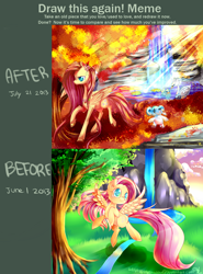 Size: 784x1060 | Tagged: safe, artist:aquagalaxy, imported from derpibooru, fluttershy, cubchoo, ducklett, pegasus, pony, swanna, comparison, draw this again, female, mare, pokémon, redraw