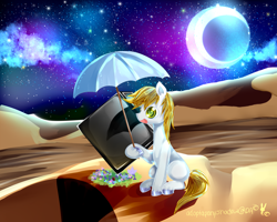 Size: 1500x1200 | Tagged: safe, artist:aquagalaxy, imported from derpibooru, oc, oc only, earth pony, pony, desert, eclipse, lunar eclipse, male, moon, solo, stallion, stars, umbrella, unshorn fetlocks