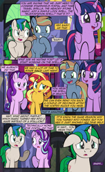 Size: 1920x3168 | Tagged: safe, artist:alexdti, imported from derpibooru, starlight glimmer, sunset shimmer, twilight sparkle, oc, oc:brainstorm (alexdti), oc:star logic, alicorn, pony, unicorn, comic:quest for friendship, equestria girls, comic, dialogue, ears back, female, folded wings, grin, high res, horn, lidded eyes, looking at each other, looking at someone, male, mare, narrowed eyes, offscreen character, open mouth, open smile, raised hoof, smiling, speech bubble, stallion, twilight sparkle (alicorn), two toned mane, underhoof, unicorn oc, wings