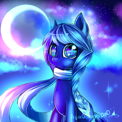 Size: 500x500 | Tagged: safe, artist:aquagalaxy, imported from derpibooru, oc, oc only, oc:sapphire crescent, pony, braid, clothes, moon, scarf, sitting, solo