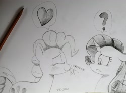 Size: 4096x3008 | Tagged: safe, artist:pony-berserker, imported from derpibooru, pinkie pie, rarity, earth pony, unicorn, heart, monochrome, question mark, sketch, tongue out, traditional art