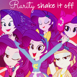 Size: 1080x1080 | Tagged: safe, edit, edited screencap, imported from derpibooru, screencap, rarity, human, equestria girls, equestria girls series, friendship games, life is a runway, shake your tail, the other side, album, album cover, boots, clothes, dancing, female, multeity, multiverse, party, shoes, singer, single, skirt, taylor swift