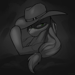 Size: 2522x2522 | Tagged: safe, artist:kirasunnight, imported from derpibooru, applejack, earth pony, pony, gray background, grayscale, high res, looking at you, monochrome, mouth hold, simple background, solo