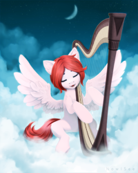 Size: 2000x2500 | Tagged: safe, artist:inowiseei, imported from derpibooru, oc, oc only, oc:weathervane, pegasus, pony, cloud, crescent moon, eyes closed, harp, moon, musical instrument, solo