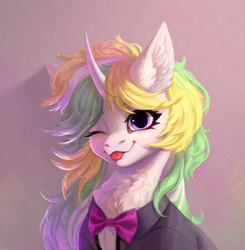 Size: 2696x2750 | Tagged: safe, artist:inarimayer, imported from derpibooru, oc, oc only, pony, unicorn, chest fluff, ear fluff, multicolored mane, one eye closed, solo, tongue out